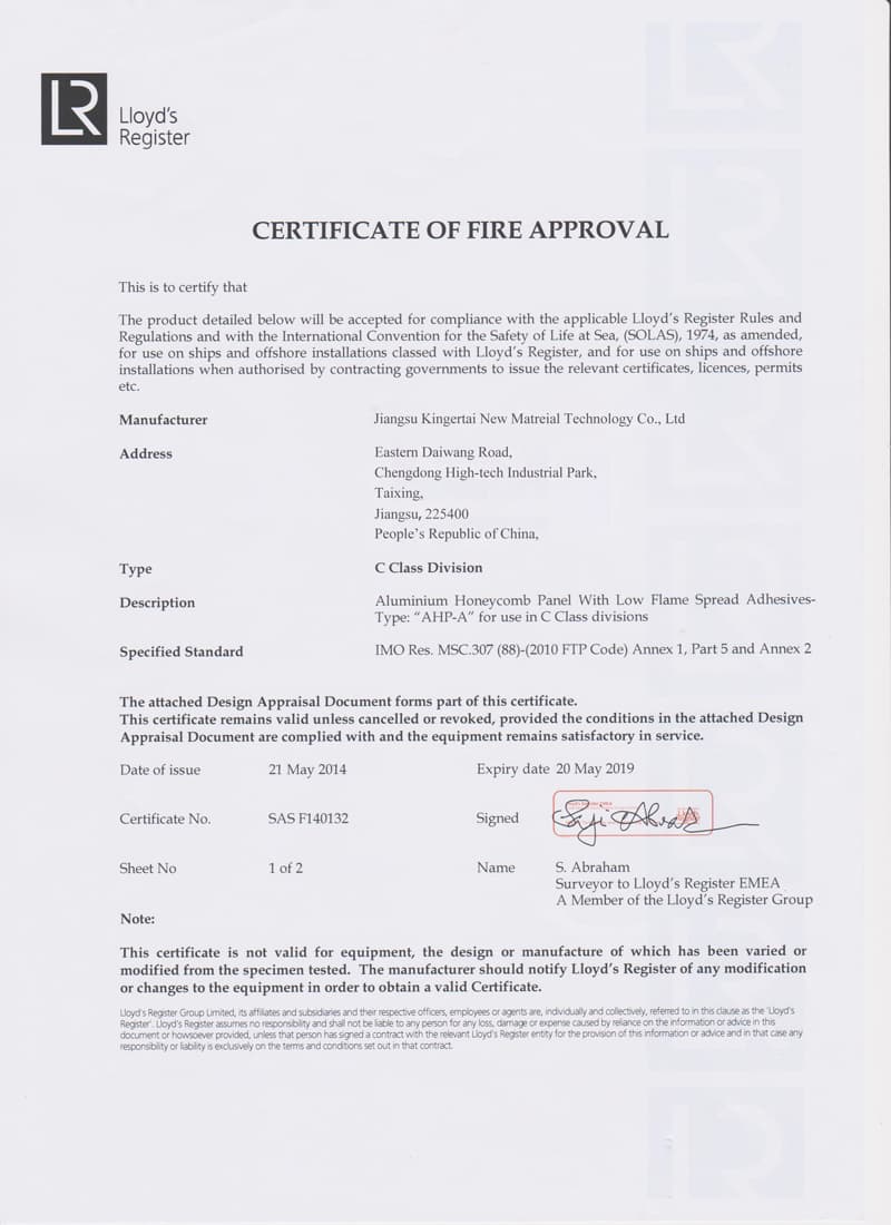Alucoworld A2 Class Certificate of Fire Approval